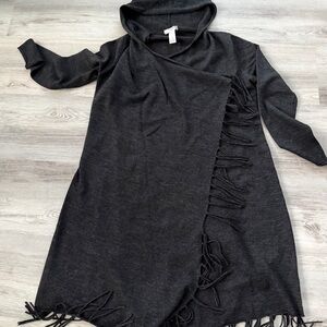 Kenar Gray Wool Blend Open front duster Cardigan with Fringe and hood